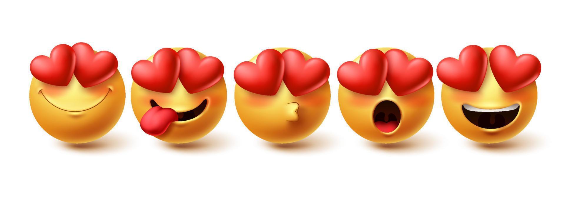 emoji in liefde gezicht vector set. gele emoji's in blije, blozende, kussende en verliefde gezichtsuitdrukkingen geïsoleerd op een witte achtergrond voor ontwerpelementen. vector illustratie