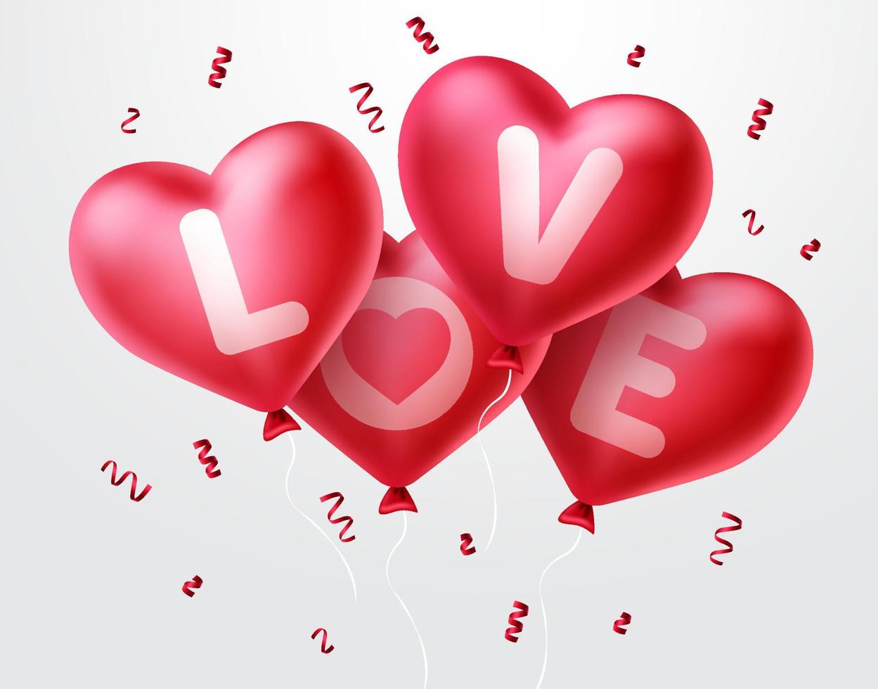 hou van hartballonnen voor valentijnsdag. stelletje rood hart ballonnen vliegen met confetti elementen op witte achtergrond. vectorillustratie. vector