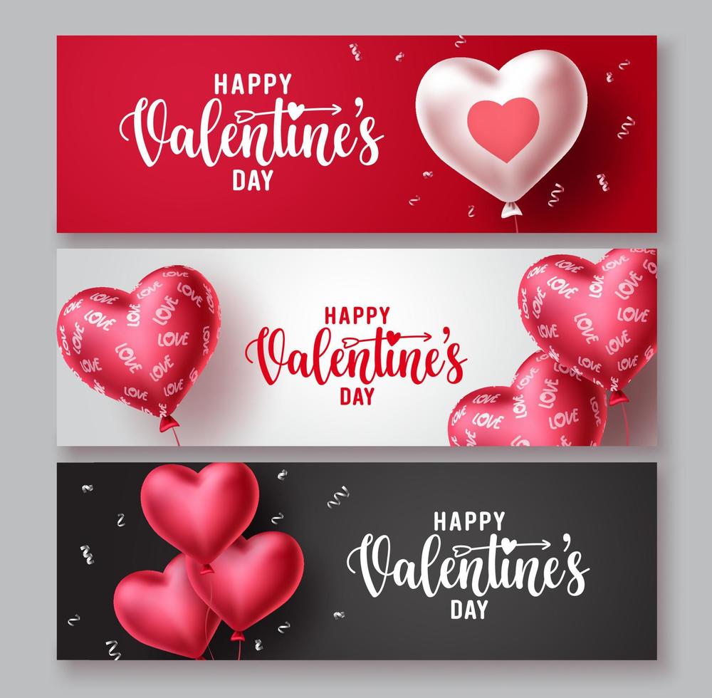 happy Valentijnsdag vector banner wenskaarten set. Valentijnsdag begroeting met harten vorm ballon en patronen elementen in kleurrijke achtergrond. vectorillustratie.