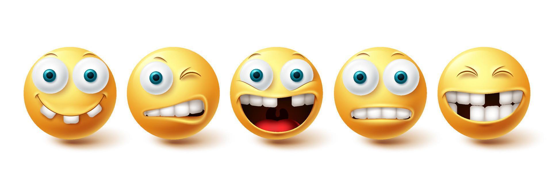 emoji grappige tanden vector set. emoticon grappige tanden en gekke collectie gezichtsuitdrukkingen geïsoleerd op een witte achtergrond. vector illustratie