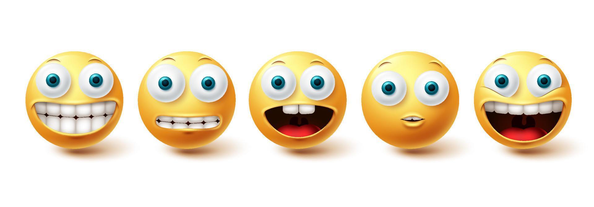 emoji grappige tanden vector set. emojis pictogrammen en emoticon met grappige en gelukkige glimlach gezichtsuitdrukkingen geïsoleerd op een witte achtergrond. vector illustratie