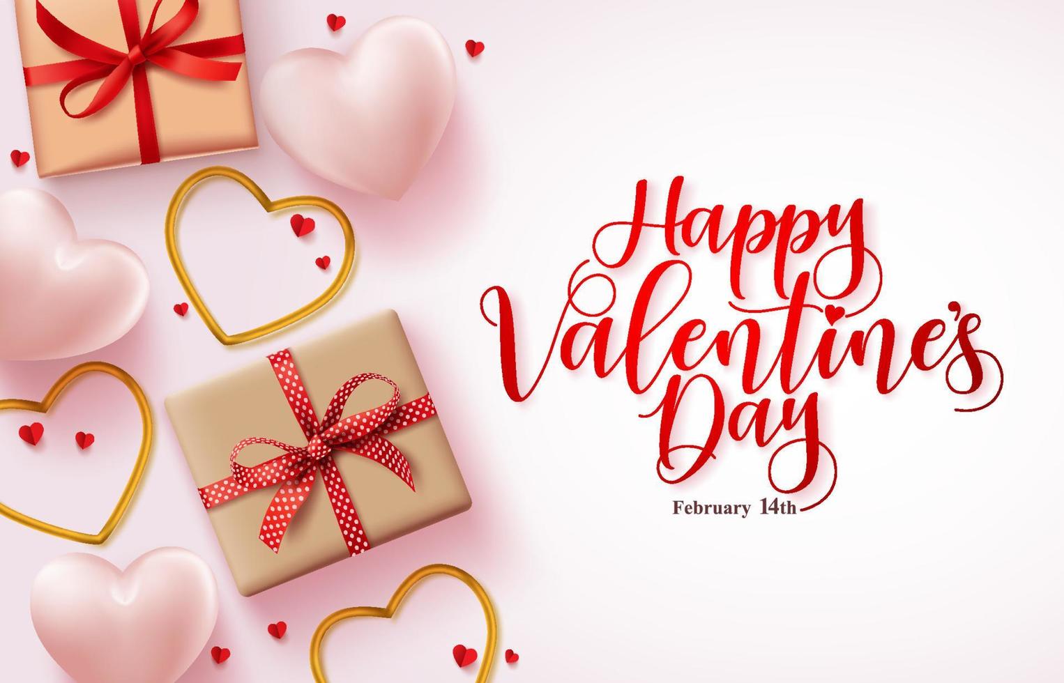 gelukkige Valentijnsdag wenskaart vector achtergrond. happy Valentijnsdag tekst in witte lege ruimte met hart vormen en geschenken elementen ontwerpsjabloon. vectorillustratie.