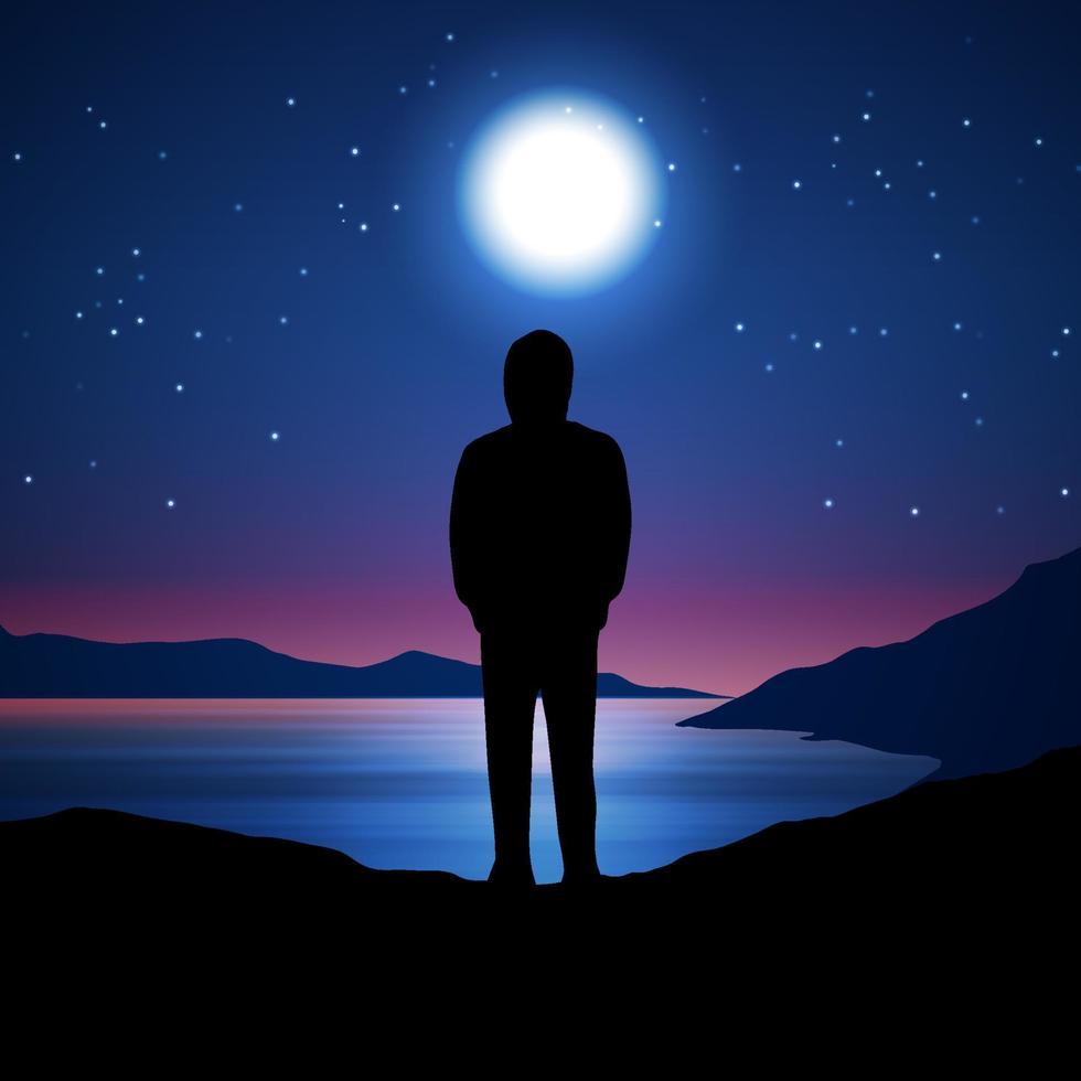 silhouet van een man met capuchon die 's nachts bij het meer staat vector