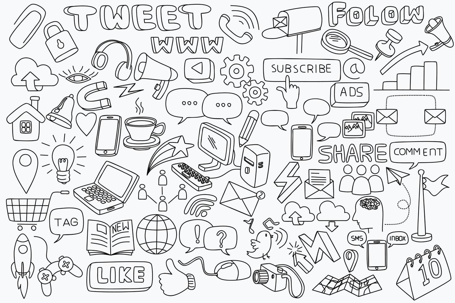 vector lijntekeningen doodle cartoon set objecten en symbolen op het thema van de sociale media