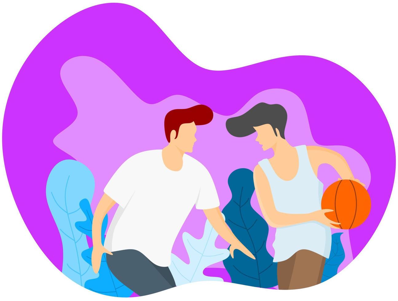 twee jonge mensen die basketbal spelen, logo moderne platte ontwerp illustratie. vector