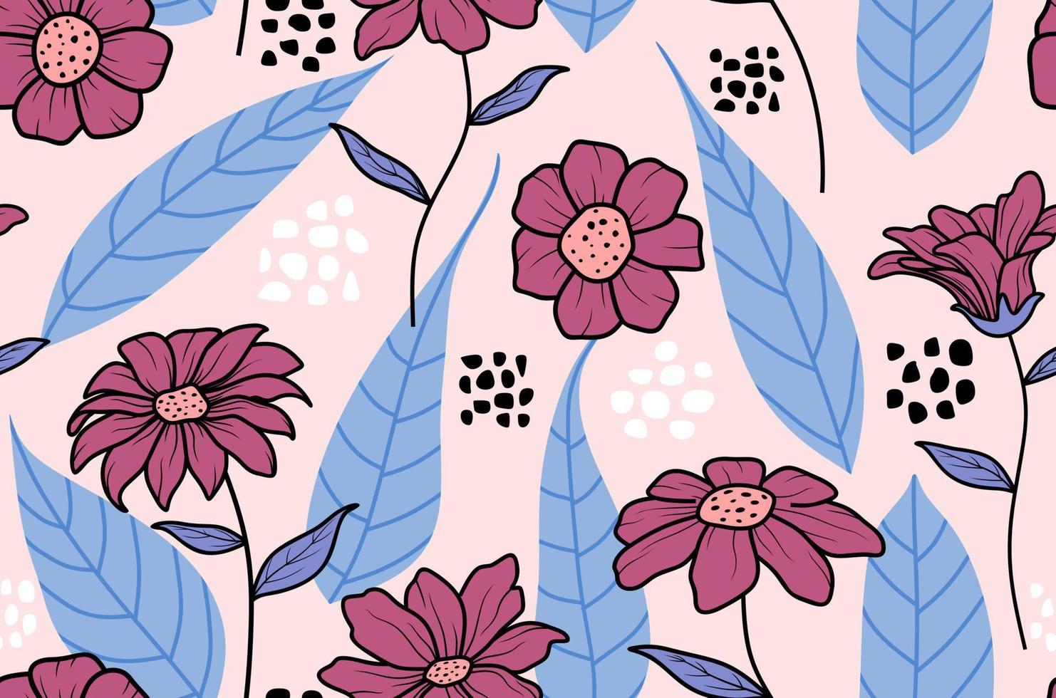naadloos patroon met abstracte bloemen en verlof. creatief bloemenontwerp van oppervlak. vector achtergrond