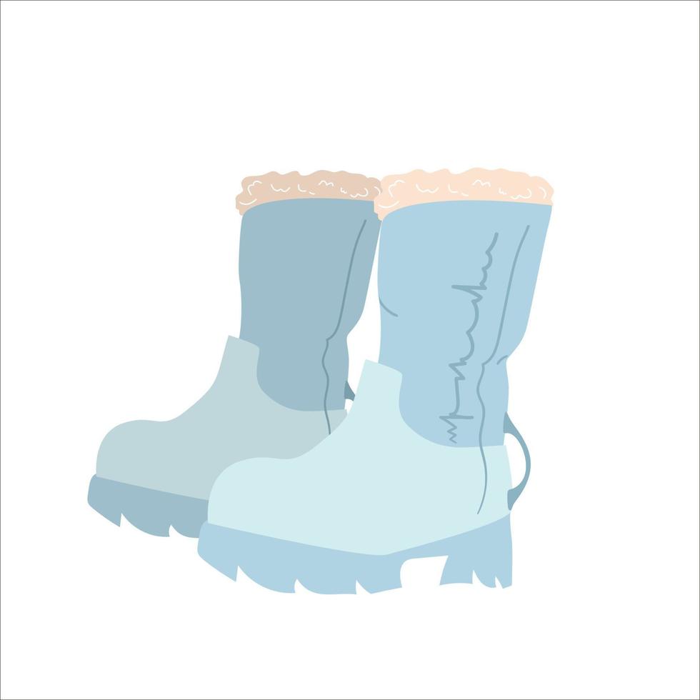 twee blauwe ruwe vrouwelijke laarzen met bont op het platform geïsoleerd op een witte achtergrond. platte handgetekende afbeelding in close-upweergave in cartoonstijl vector