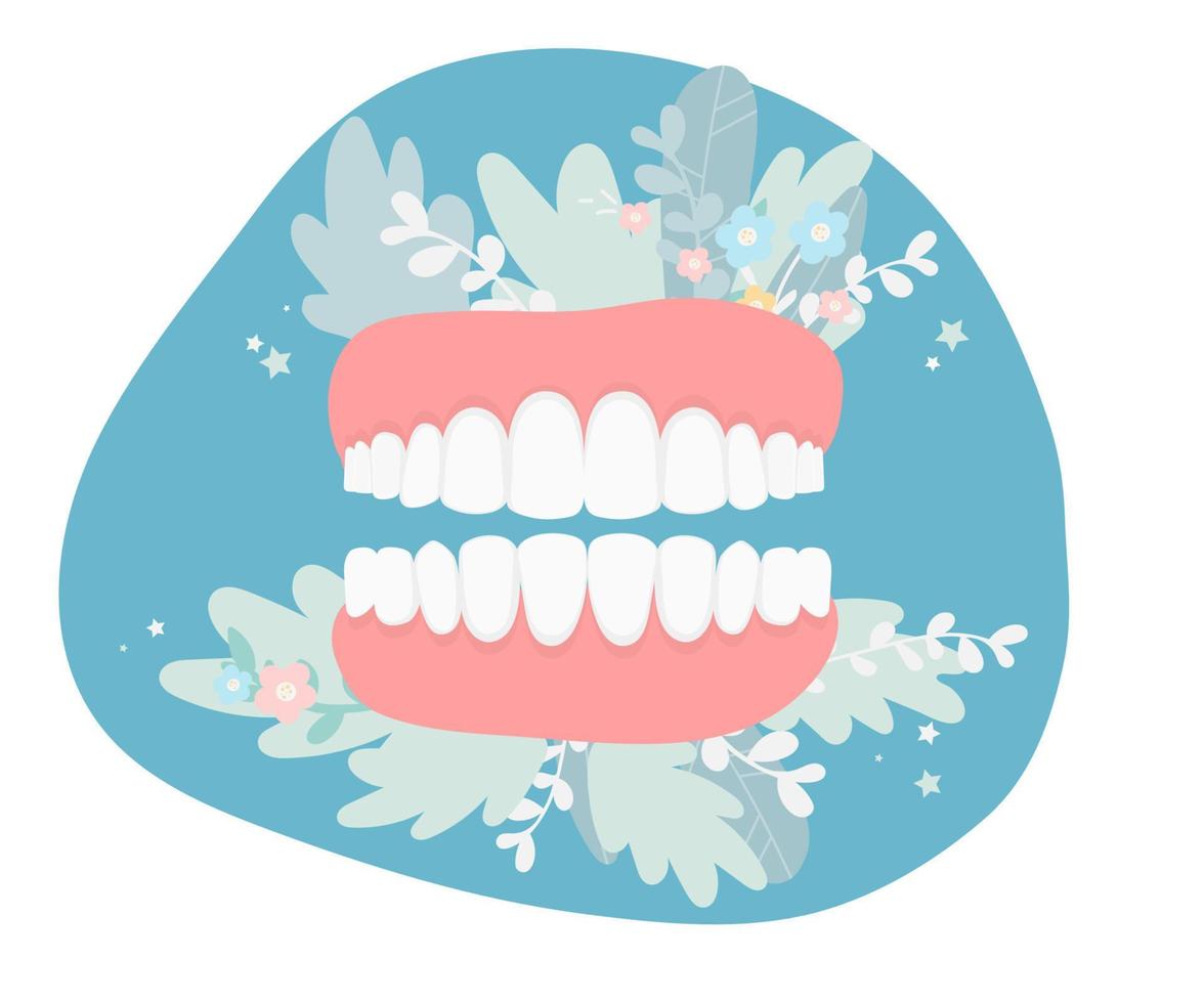 gezonde witte tanden in kleuren in een plat design. plat vectorconcept. tandheelkundige kliniek, tandheelkunde, orthodontische ziekten, probleemillustratie. behandeling van tandheelkundige ziekten, mondhygiëne vector