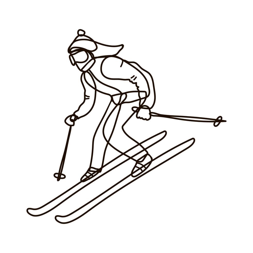 meisje of jonge vrouw is aan het skiën. lijn kunst. zwart op wit geïsoleerd. doodle vectorillustratie. doodle stijl. vector