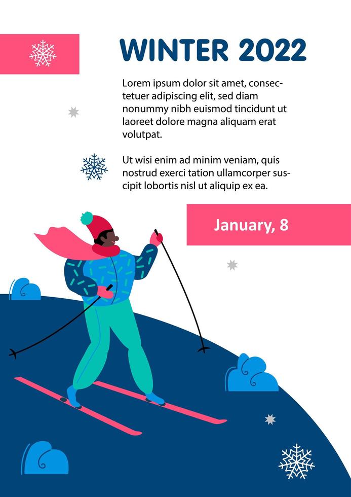 wintersport skiën poster. skiër in beweging wintertijd. sport sjabloon van flyer, tijdschriften, banners. actieve levensstijl uitnodiging concept. platte vector cartoon afbeelding