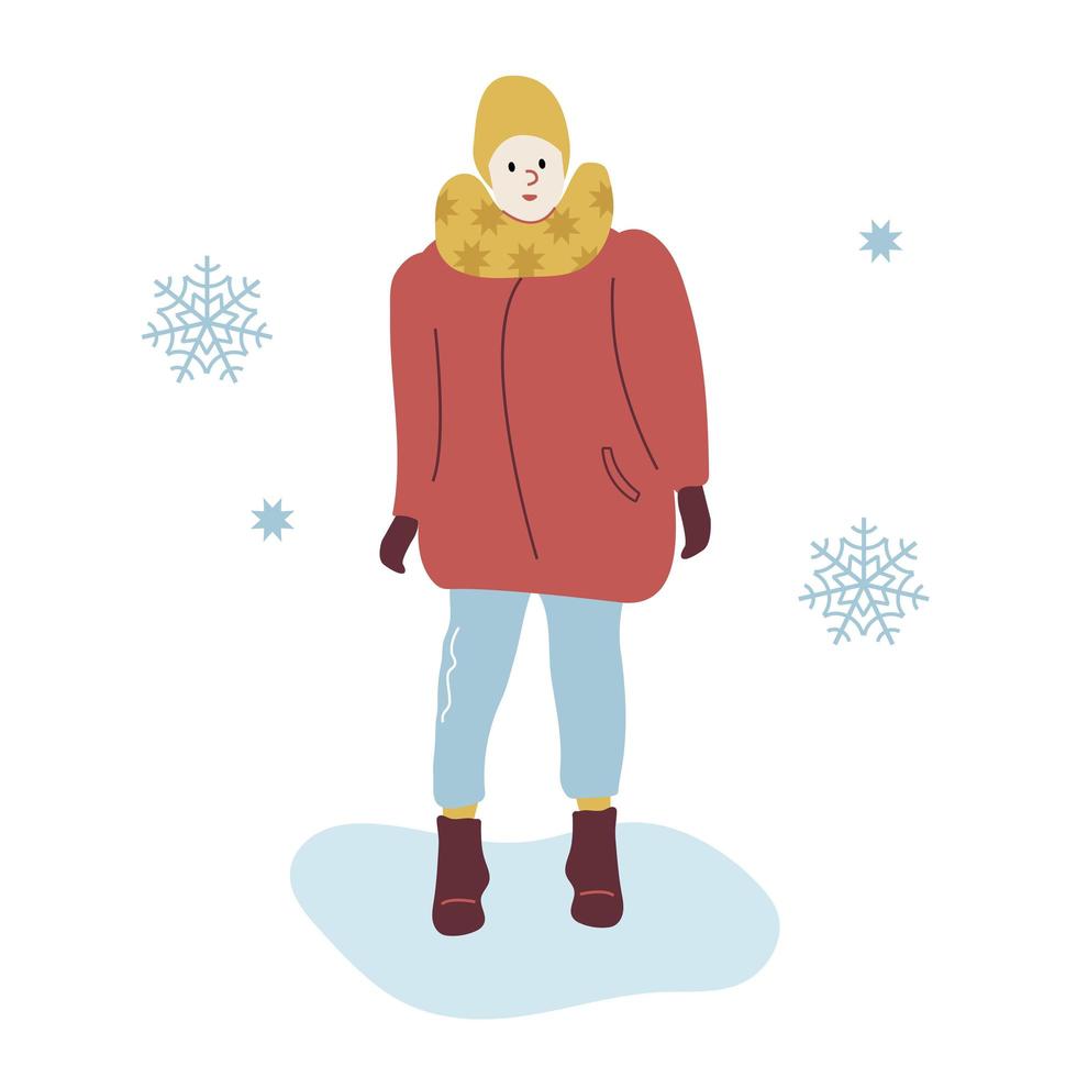 vrouw op een winterwandeling in trendy bovenkleding. meisje in warme winterkleren onder sneeuwvlokken lopen op park. vectorillustratie in vlakke stijl geïsoleerd op een witte achtergrond vector