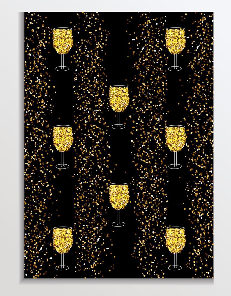 gouden glitterkaart met een glas champagne of mousserende wijn. prettige kerstdagen en gelukkig nieuwjaar achtergrond, groet of bedrijfskaart, poster, vakantiedekking. vector illustratie