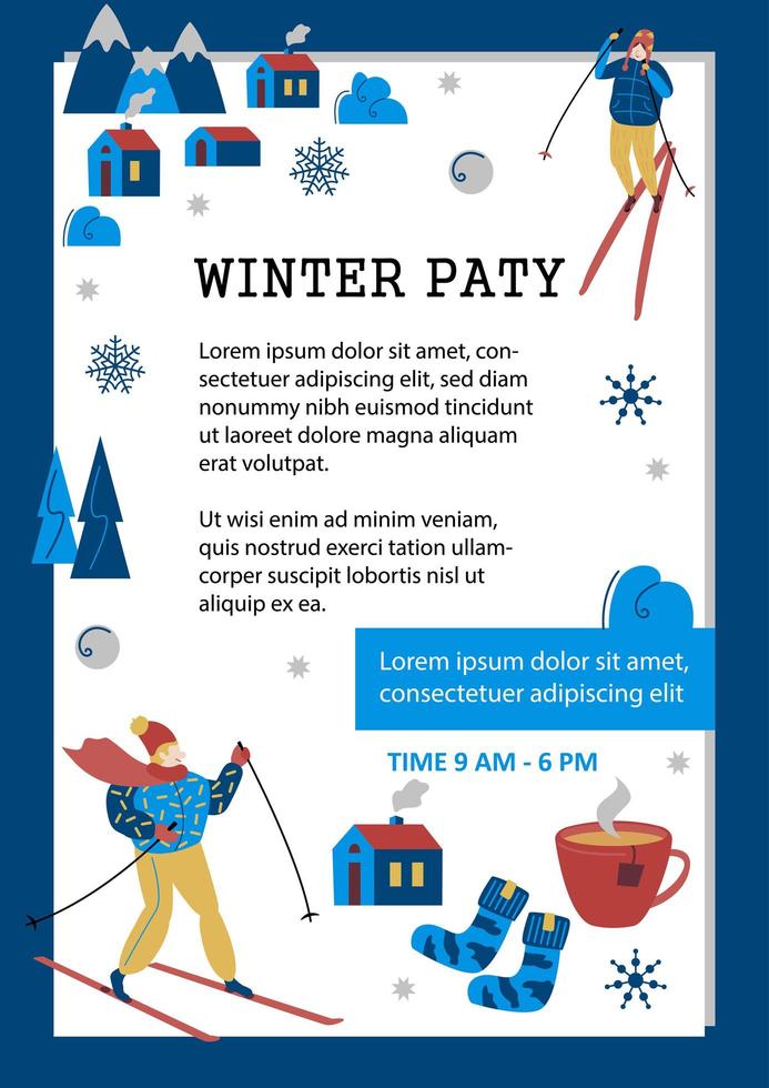 wintersport skiën poster. berglandschap met een café en rust. banner voor winterfeesten. moderne sportsjabloonpagina. actieve levensstijl uitnodiging concept. platte vector cartoon afbeelding