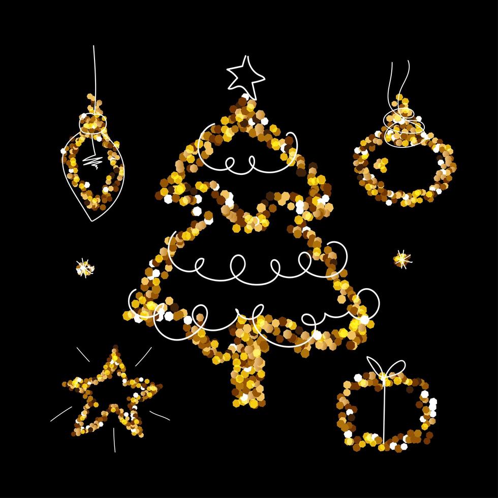 kerst gouden glitterset, geschenkdoos, gloeilamp, boom, ster, bal. prettige kerstdagen en nieuwjaarsvakantie-elementen voor een kaart, poster, website, banner. glinsterende vectorillustratie vector