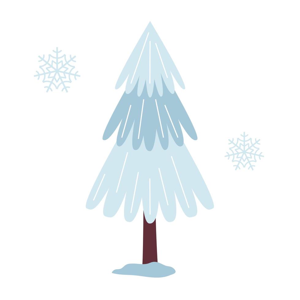 blauwe dennenboom cartoon, staande in de sneeuw, winterpark. kerstboom. voor nieuwjaar winter ontwerp. eenvoudige vectorillustratie in platte minimalistische stijl geïsoleerd op een witte achtergrond vector