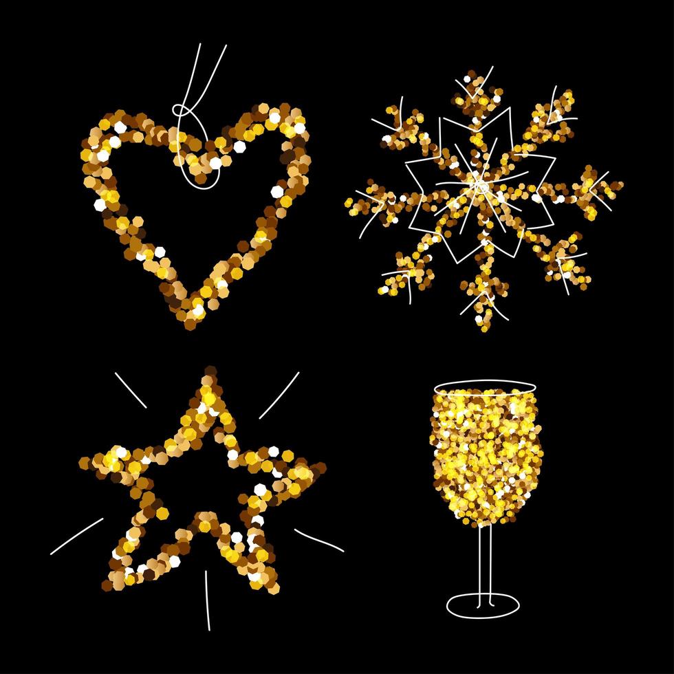 kerst gouden glitter set, champagne, sneeuwvlok, ster, hart. prettige kerstdagen en nieuwjaarsvakantie-elementen voor een kaart, poster, website, banner. glinsterende vectorillustratie vector