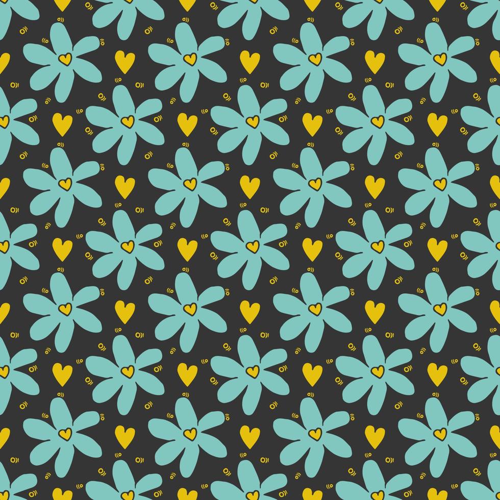 blauwe kamille patroon met gele hartjes op grijze achtergrond. vector