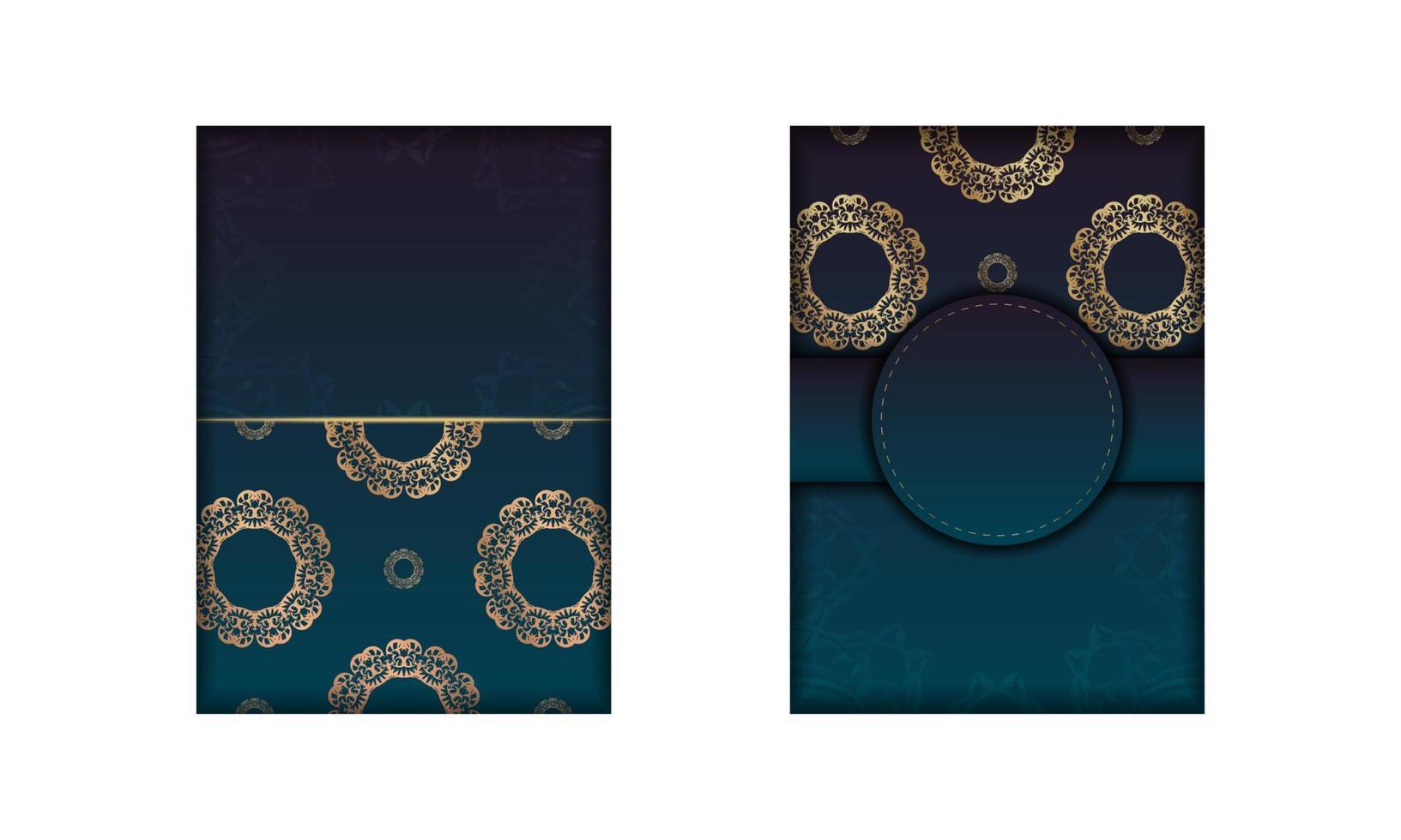 sjabloon wenskaart met een blauwe kleurverloop met een gouden mandala-patroon voor uw ontwerp. vector