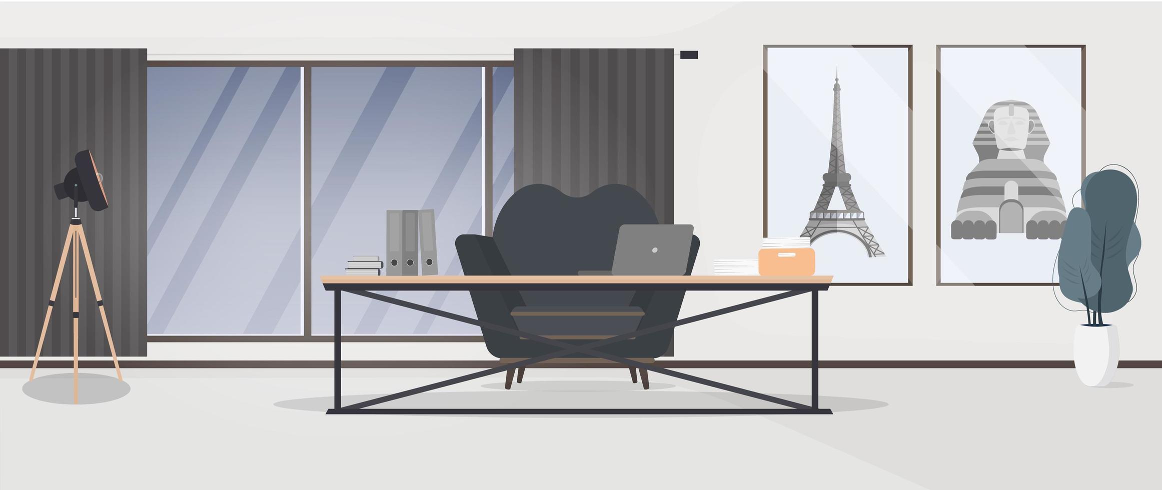 kantoor met een groot panoramisch raam. een kamer met een werkplek. kantoor. tafel, fauteuil, laptop, documenten, groot raam. lichte kleuren, loftstijl. vector. vector