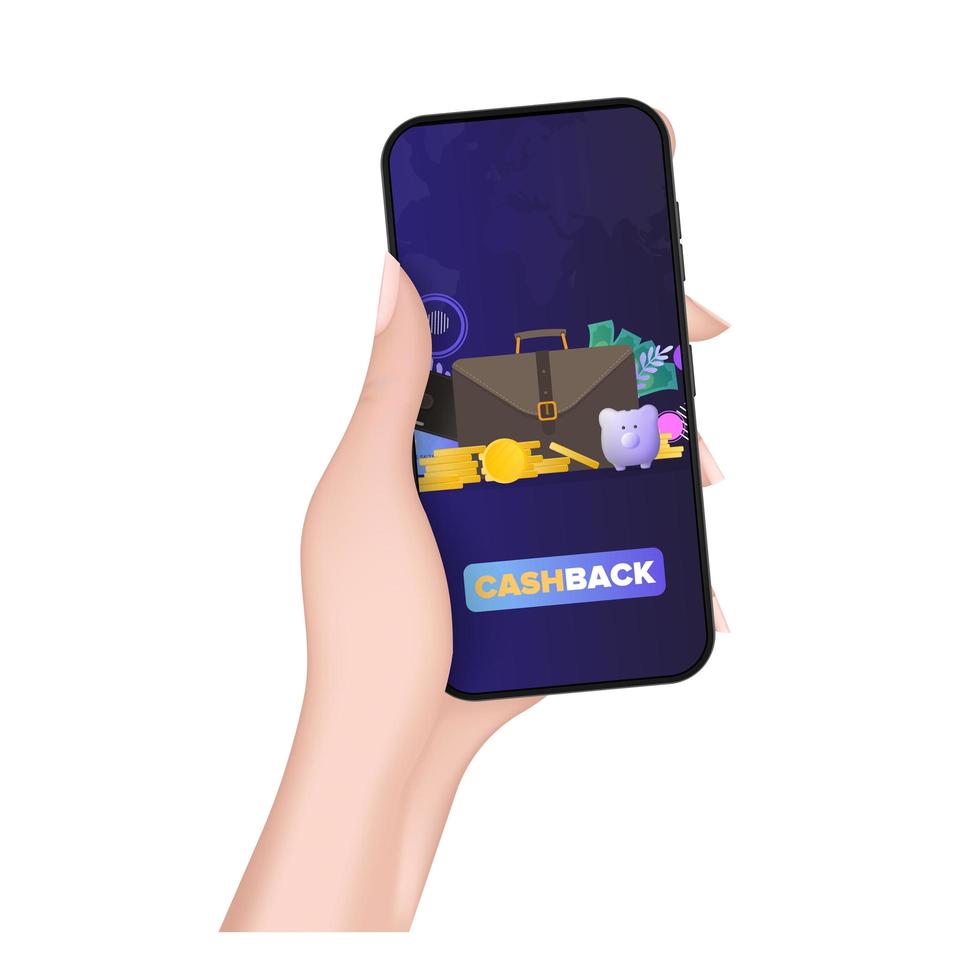 hand houdt telefoon vast met cashback-app. grote portemonnee, creditcard, gouden munten, dollars. concept van geld, cashback of rijkdom besparen. vector. vector