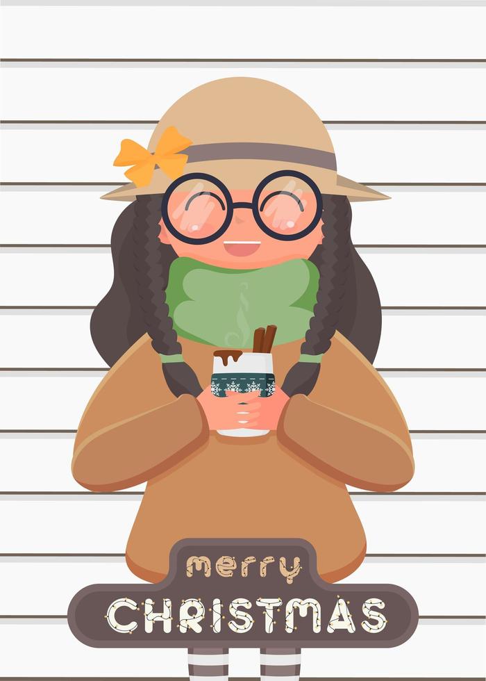 vrolijk kerstkaartje. een schattig meisje met een hoed en een bril houdt een kopje met een warme drank vast. vector