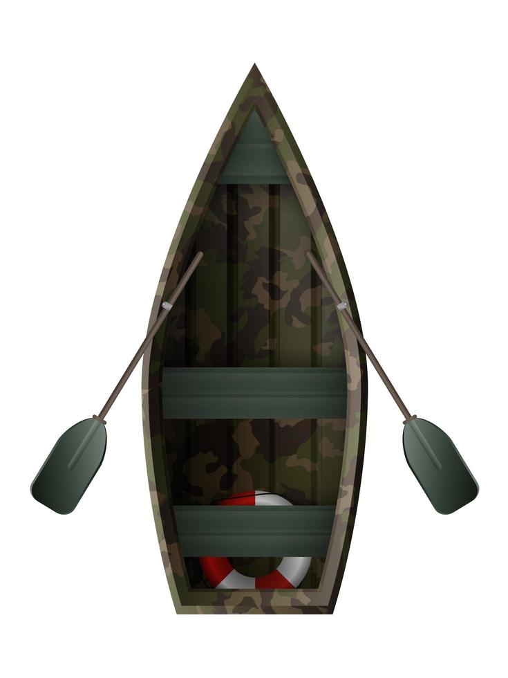 een boot met roeispanen voor visserij en toerisme in hakki-kleur. uitzicht van boven. voor kajakken en roeien. vectorillustratie geïsoleerd op een witte achtergrond. realistische stijl. vector