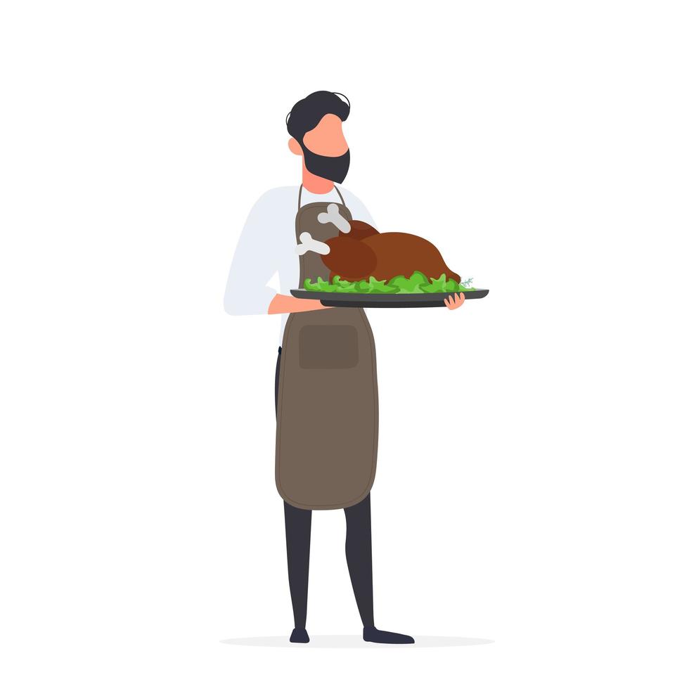 mannelijke kok houdt een gebakken kalkoen in zijn hand. de man in het keukenschort houdt gebakken kip vast. geïsoleerd. vector. vector