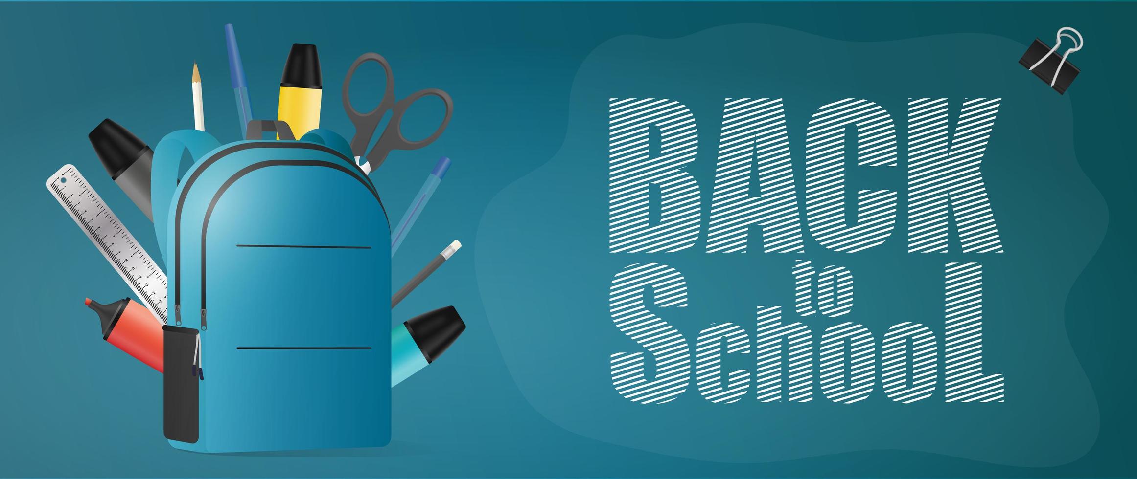 terug naar school groene banner. schoolbenodigdheden, pen, potlood, marker, liniaal, schaar, paperclip. vector. vector