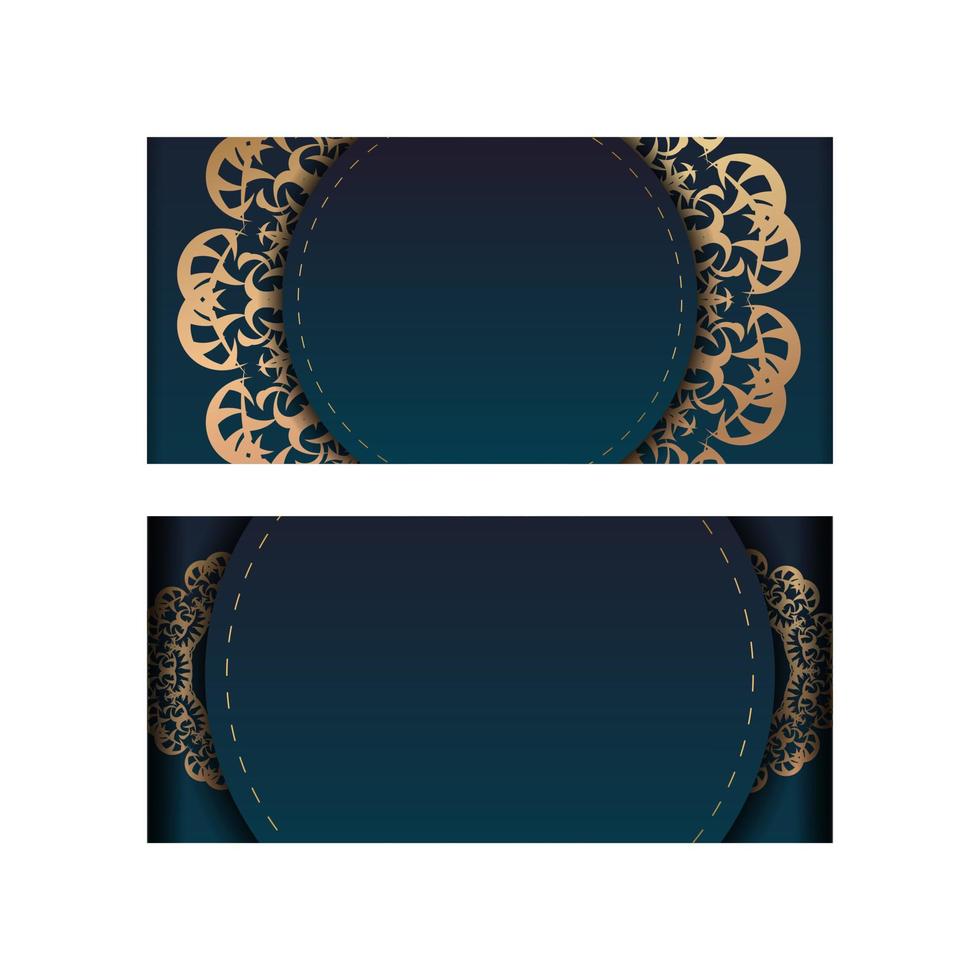 wenskaartsjabloon met blauwe kleurovergang met vintage gouden ornament voor uw ontwerp. vector