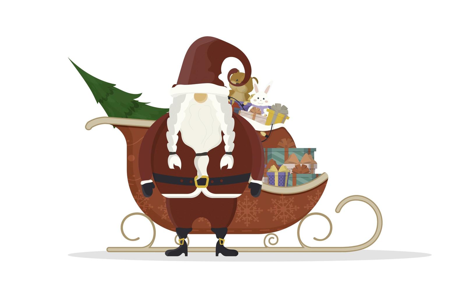 Kerstman met rode sleeën. sleeën, geschenken, nieuwjaar en kerstconcept. vectorillustratie geïsoleerd op een witte achtergrond. ontwerp in cartoonstijl. vector