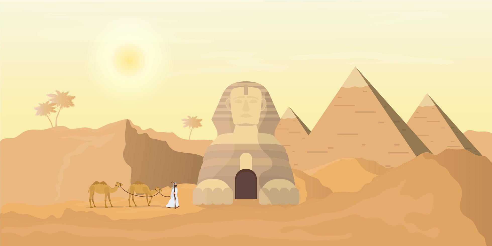 Egyptische sfinx en piramides. woestijn. een man leidt kamelen door de woestijn. vector