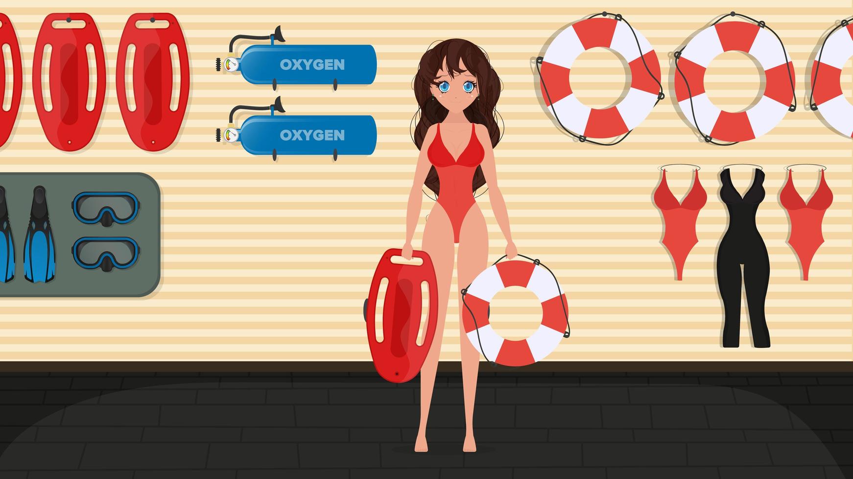een meisje in een rood zwempak houdt een reddingsbord en een opblaasbare ring vast. badmeester vrouw in de kamer van de badmeester. cartoon-stijl. vectorillustratie. vector