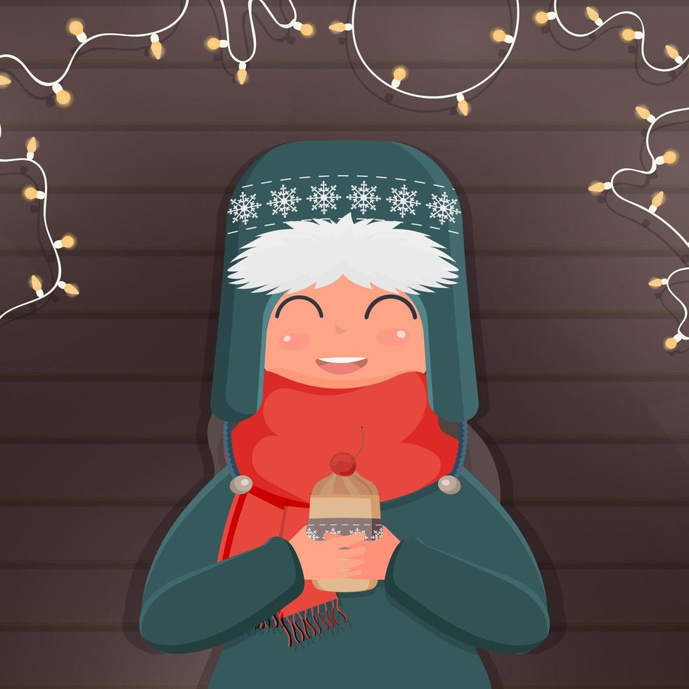 een meisje met warme winterkleren houdt een warme drank vast. kant-en-klare vierkante kaart voor een winters thema. houten achtergrond, slingers. vectorillustratie. vector