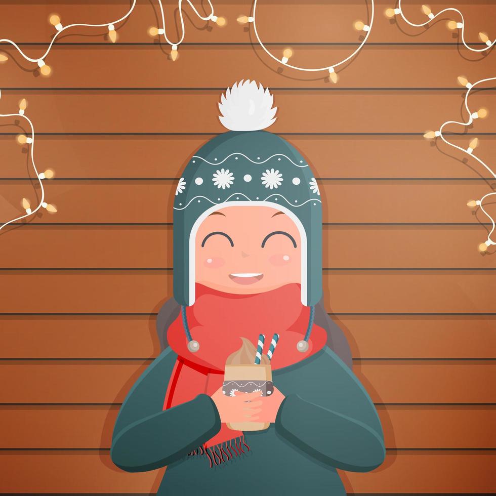 een meisje met warme winterkleren houdt een warme drank vast. kant-en-klare vierkante kaart voor een winters thema. houten achtergrond, slingers. vector