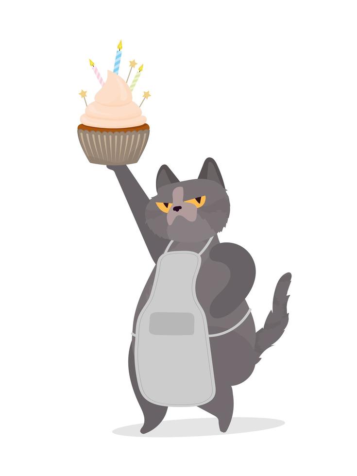 grappige kat houdt een feestelijke cupcake. snoepjes met room, muffin, feestelijk dessert, zoetwaren. goed voor kaarten, t-shirts en stickers. vlakke stijl. vector. vector