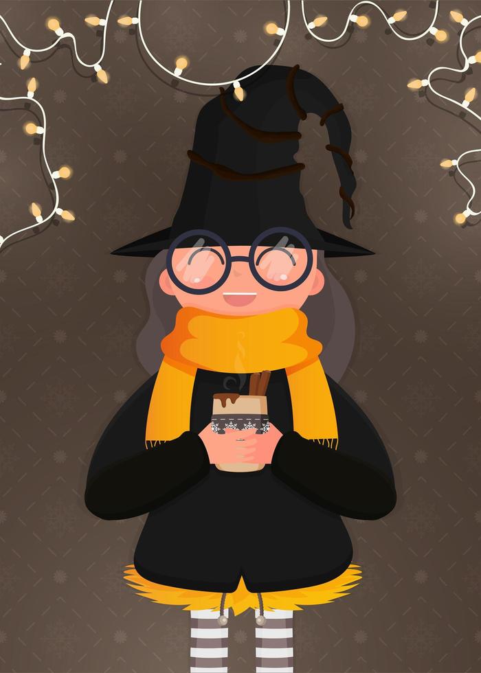 schattige heks met glühwein. meisje in zwart pak en hoed met een kopje met warme drank. halloween-concept. vector. vector