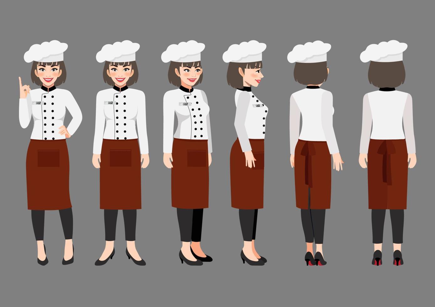 stripfiguur met professionele vrouw chef-kok in uniform voor animatie. voorkant, zijkant, achterkant, 3-4 weergavekarakter. platte vectorillustratie vector