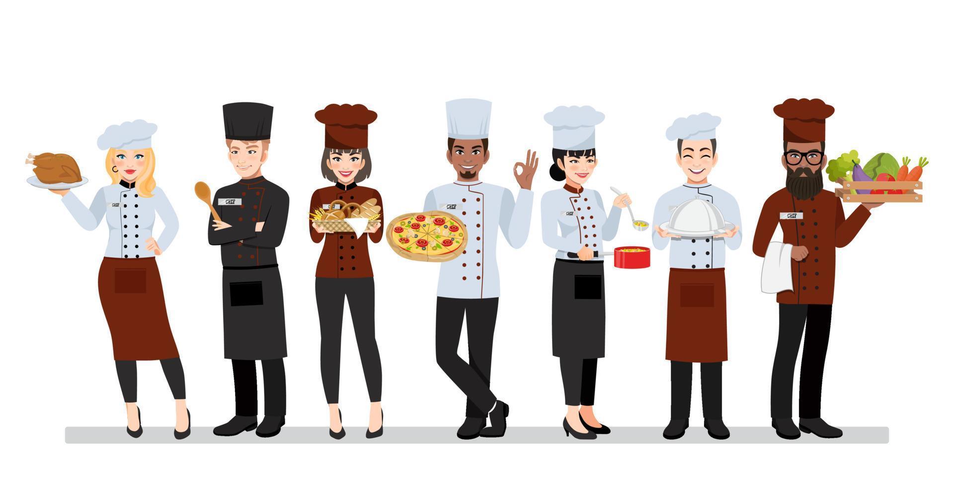 groep divers chef-kokteam. internationale kookpersoneel dienstkarakters staan samen in uniforme stripfiguur vector