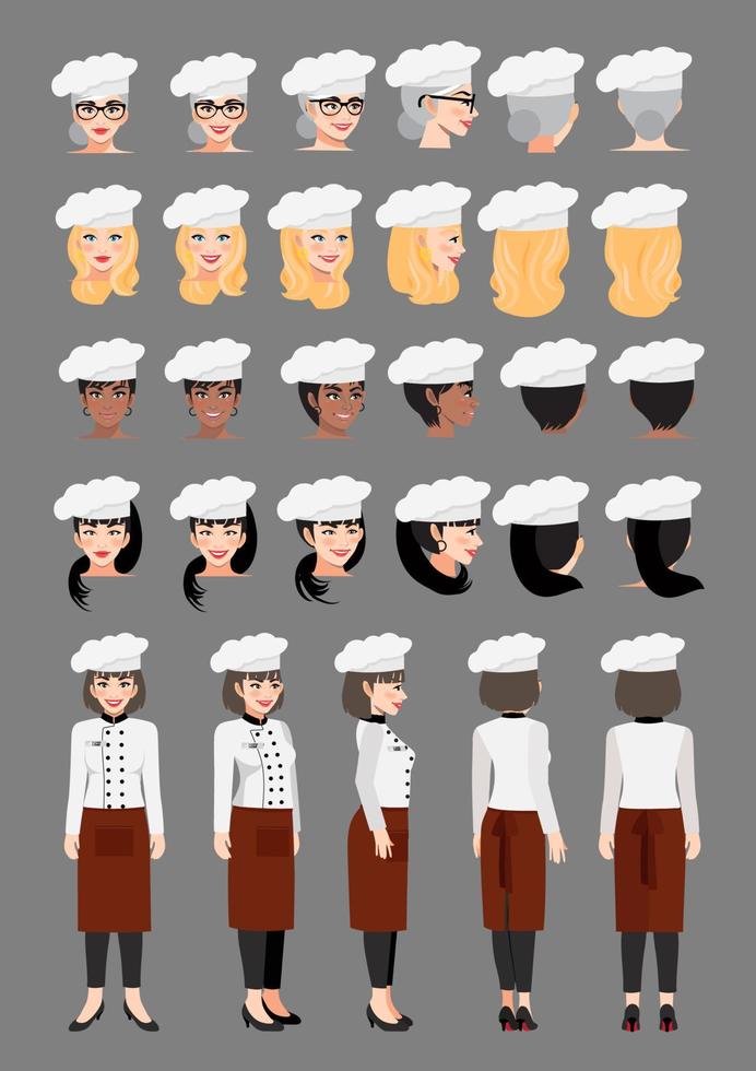 professionele vrouwelijke chef-kok stripfiguur in uniforme slijtage en diverse chef-kok voor vectorcollectie voor animatieontwerp vector