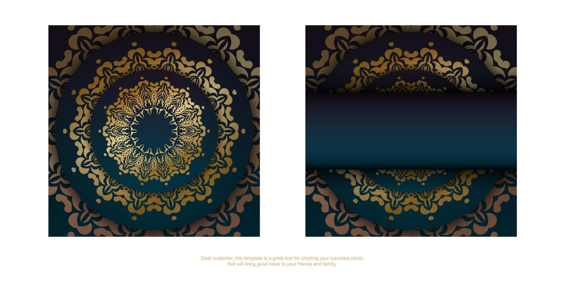 sjabloon wenskaart met een verloop van blauwe kleur met een gouden ornament mandala voor uw felicitaties. vector