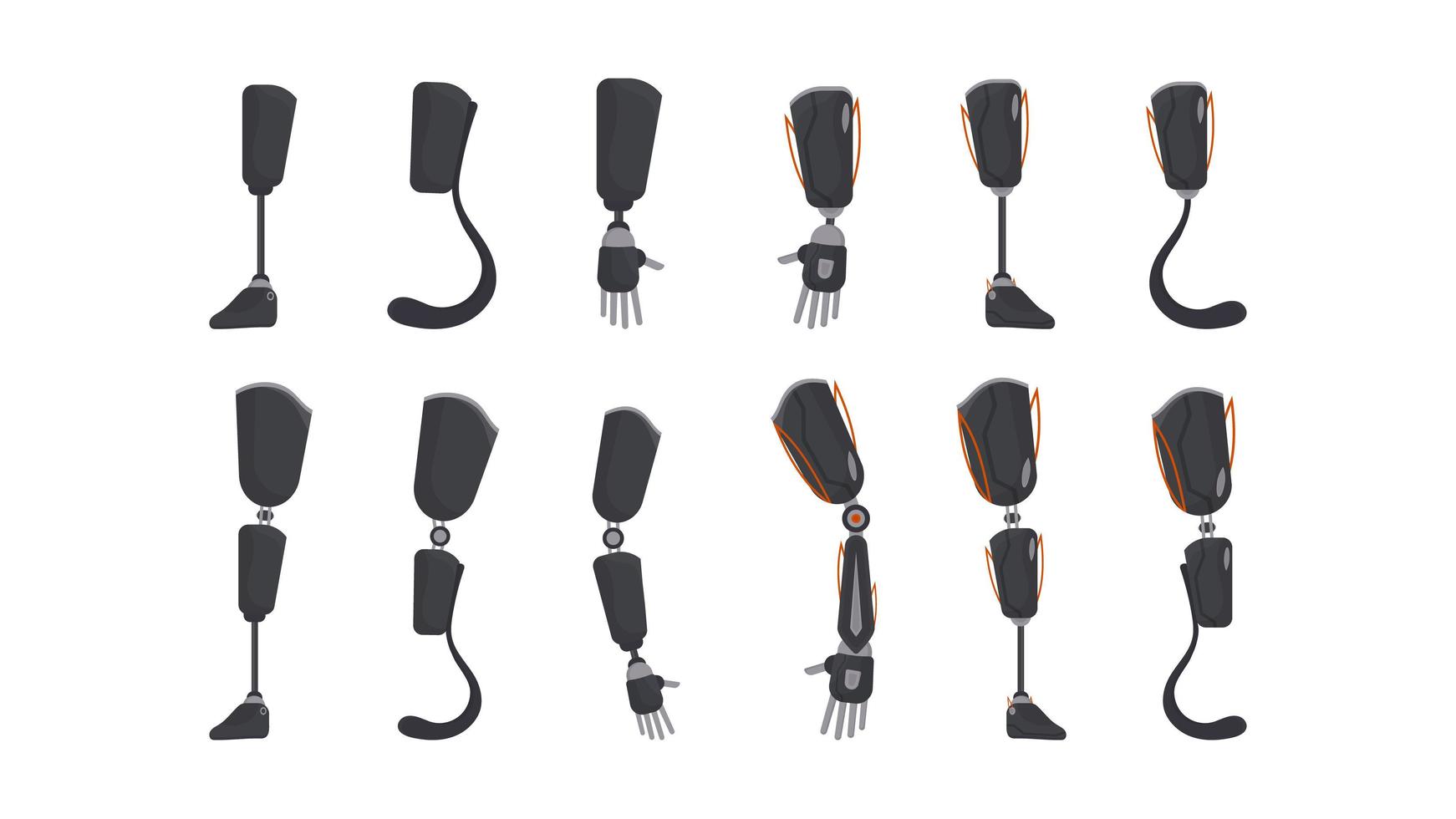 een set futuristische prothesen voor mensen. metalen prothetische arm en been in vlakke stijl. vector. vector