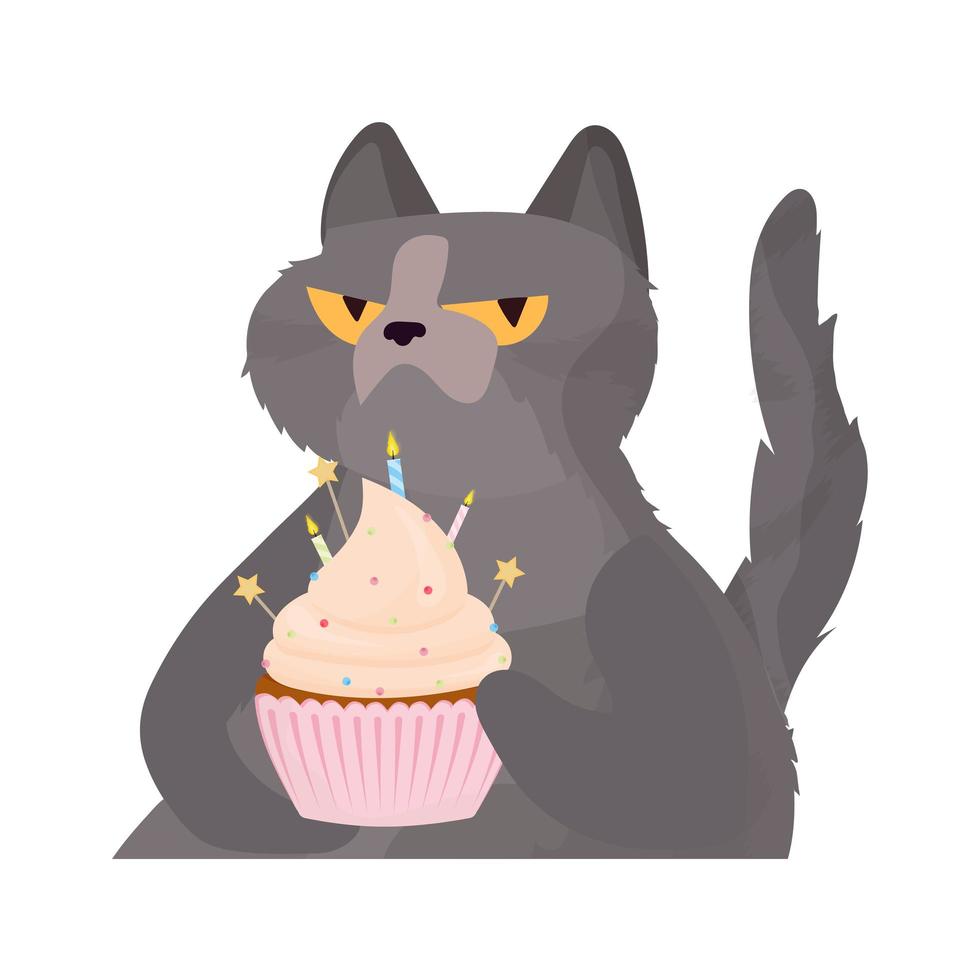 grappige kat houdt een feestelijke cupcake. snoepjes met room, muffin, feestelijk dessert, zoetwaren. goed voor kaarten, t-shirts en stickers. vlakke stijl. vector. vector