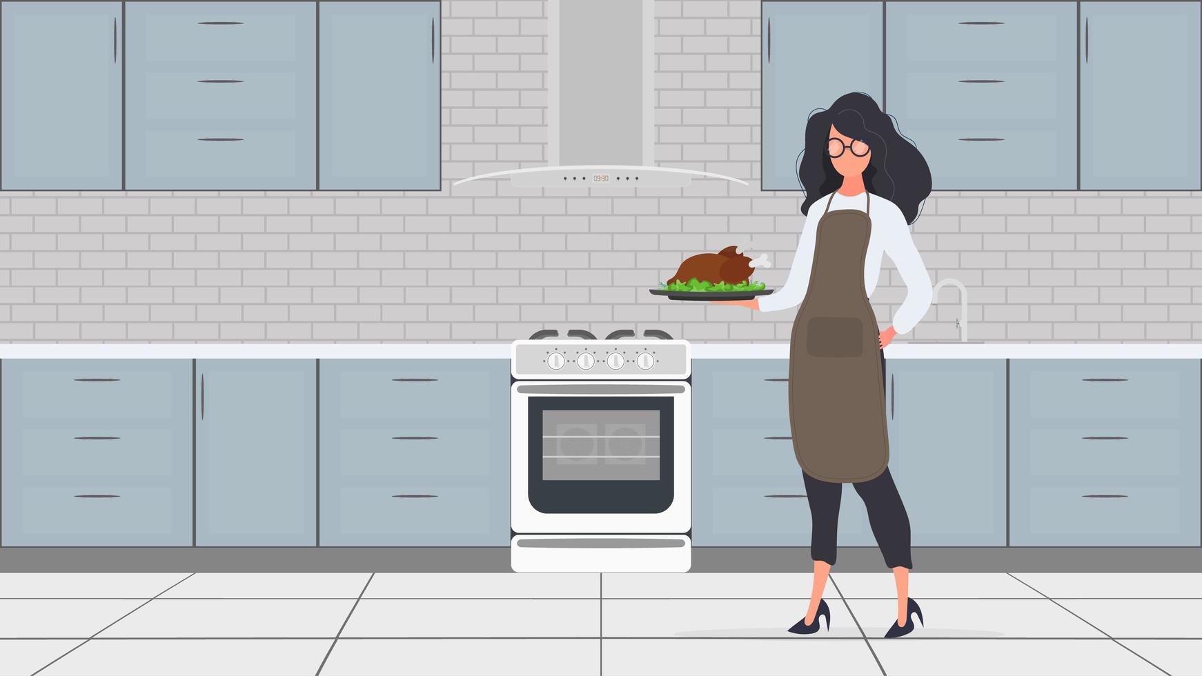 een vrouwtje houdt een gebraden kalkoen in haar hand. een meisje in een keukenschort houdt een gebakken kip vast. goed voor banners en artikelen over het culinaire thema. vector. vector