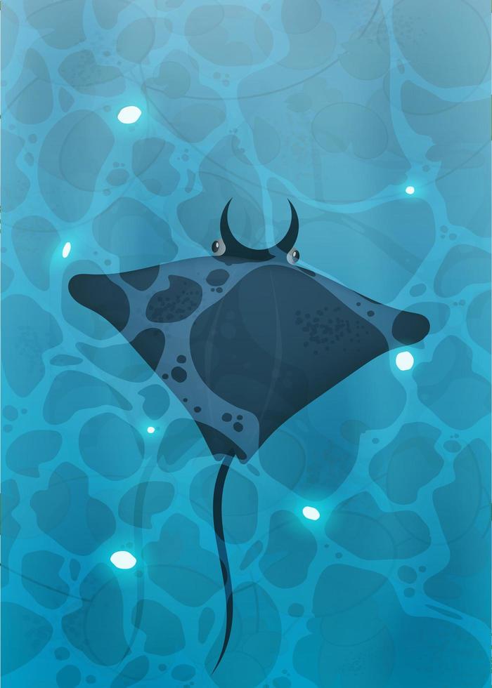 mantarog zwemt onder water. uitzicht van boven. achtergrond voor een zomerposter, foyer of ansichtkaart. turquoise wateroppervlak in de oceaan met vissen. vector. vector