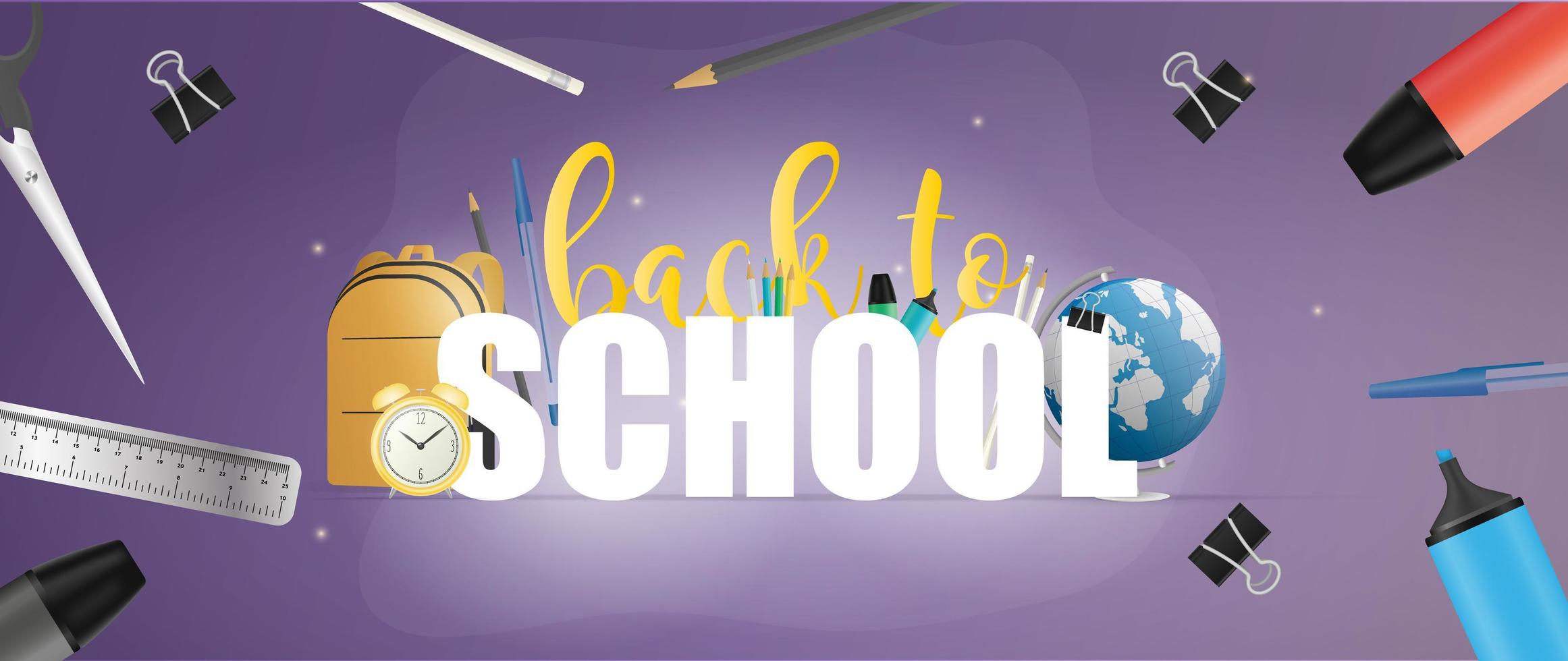 terug naar school paarse banner. mooie inscripties, globe, potloden, pennen, gele rugzak, oude gele wekker. vector illustratie