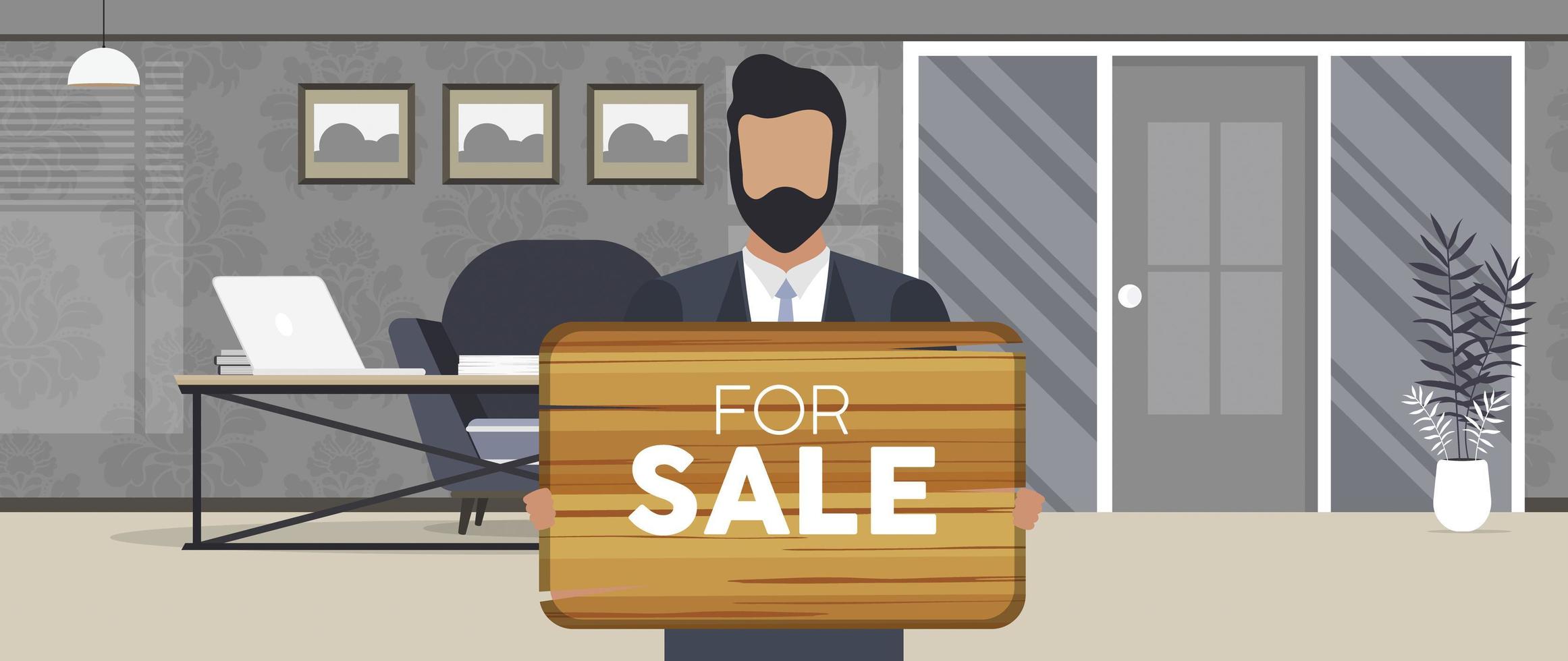 een zakenman houdt een houten bord met het opschrift te koop vast. jonge man in pak met een houten bord. het concept van de verkoop van een appartement, kantoor of gebouw. vector