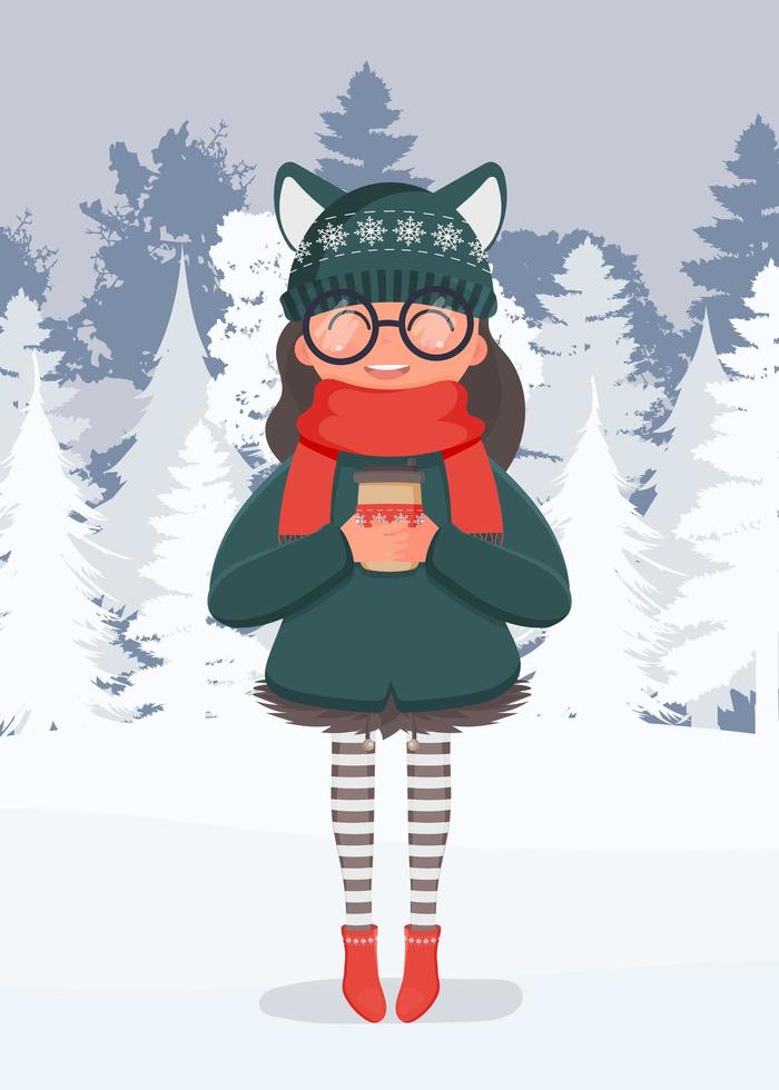 een meisje in een besneeuwd bos drinkt een warme drank. een vrouw in warme winterkleren houdt een kopje in haar handen. kant-en-klare ansichtkaart voor een winters thema. vector