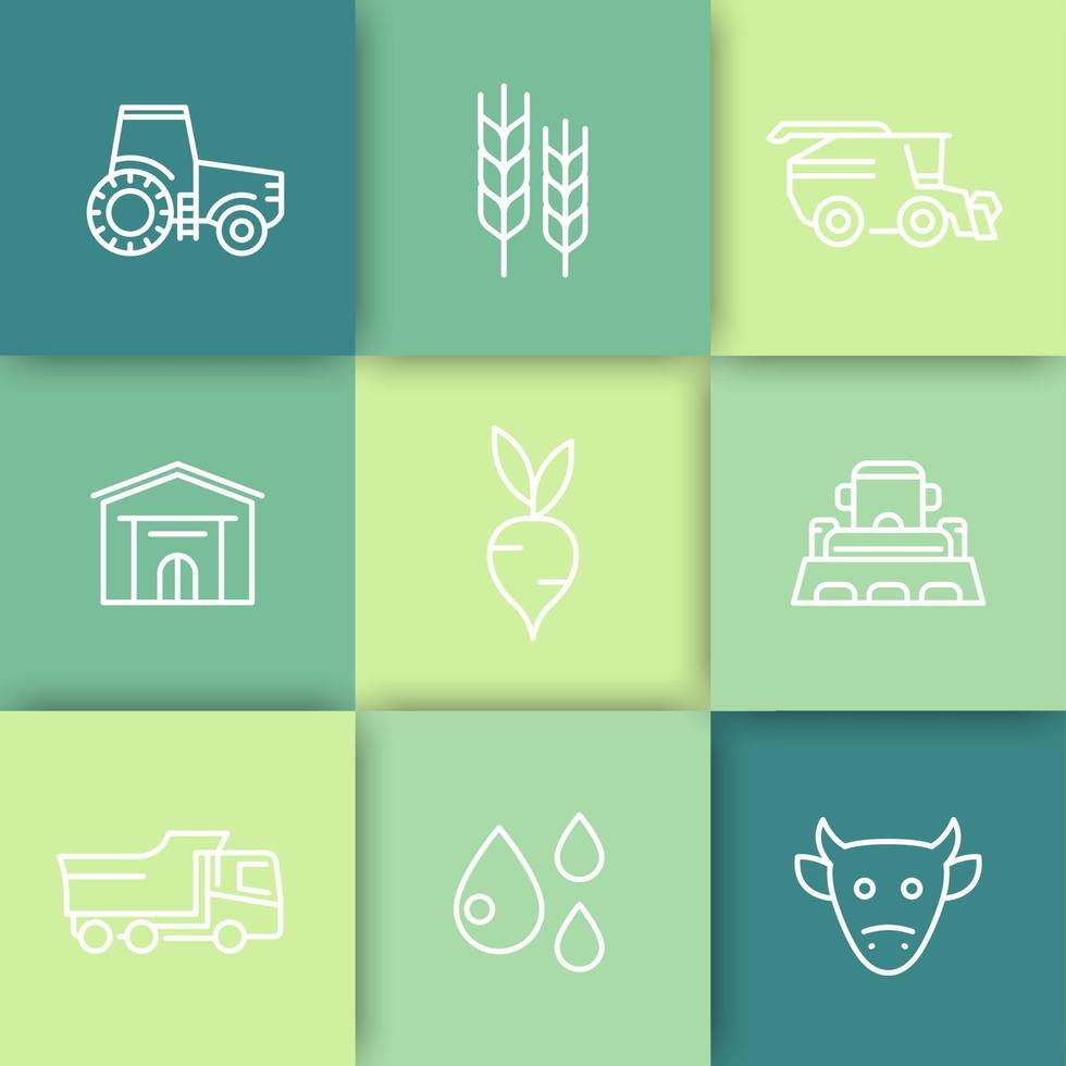 landbouw, landbouwlijnpictogrammen, tractor, oogst, landbouwtekens, vee, landbouwmachines, landbouwpictogrammen, vectorillustratie vector