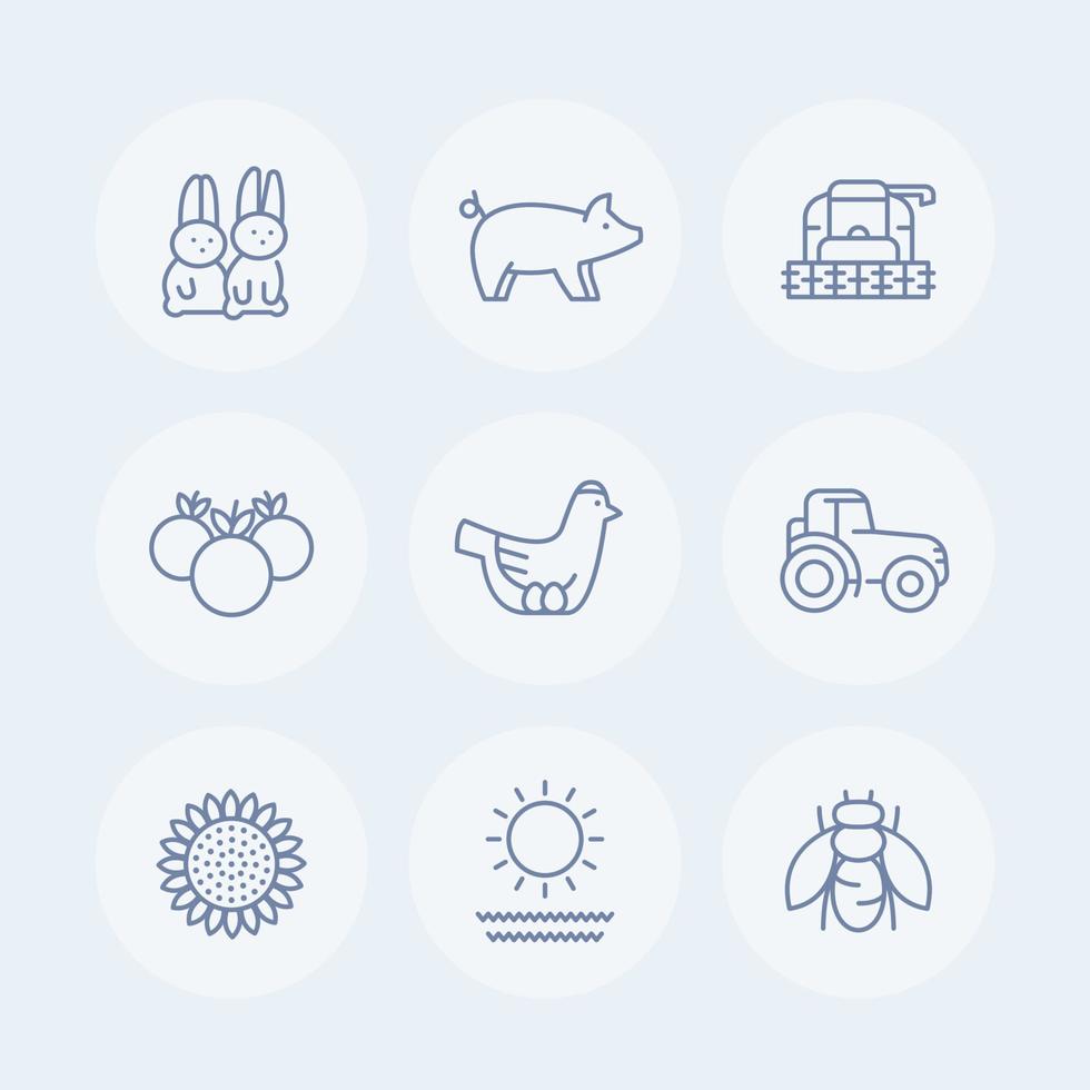 boerderij, ranch lijn iconen set, kip, varken, gewas, groenten, zonnebloem, oogstmachine, agrimotor geïsoleerde pictogrammen vector