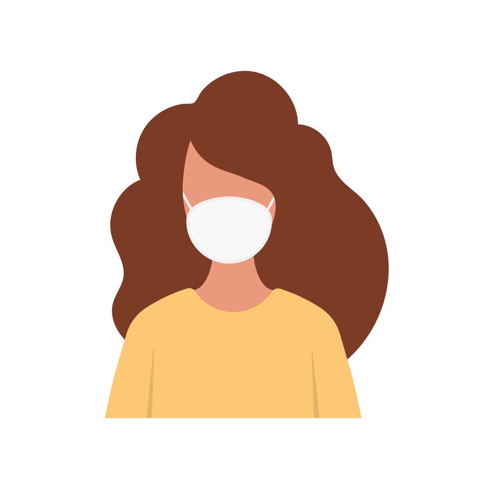 vrouw die beschermende medische maskers draagt. het dragen van gezichtsmasker vectorillustratie in plat ontwerp. bescherming tegen virussen, bacteriën, smog, stedelijke luchtvervuiling, uitstoot van vervuilende gassen. vector. vector